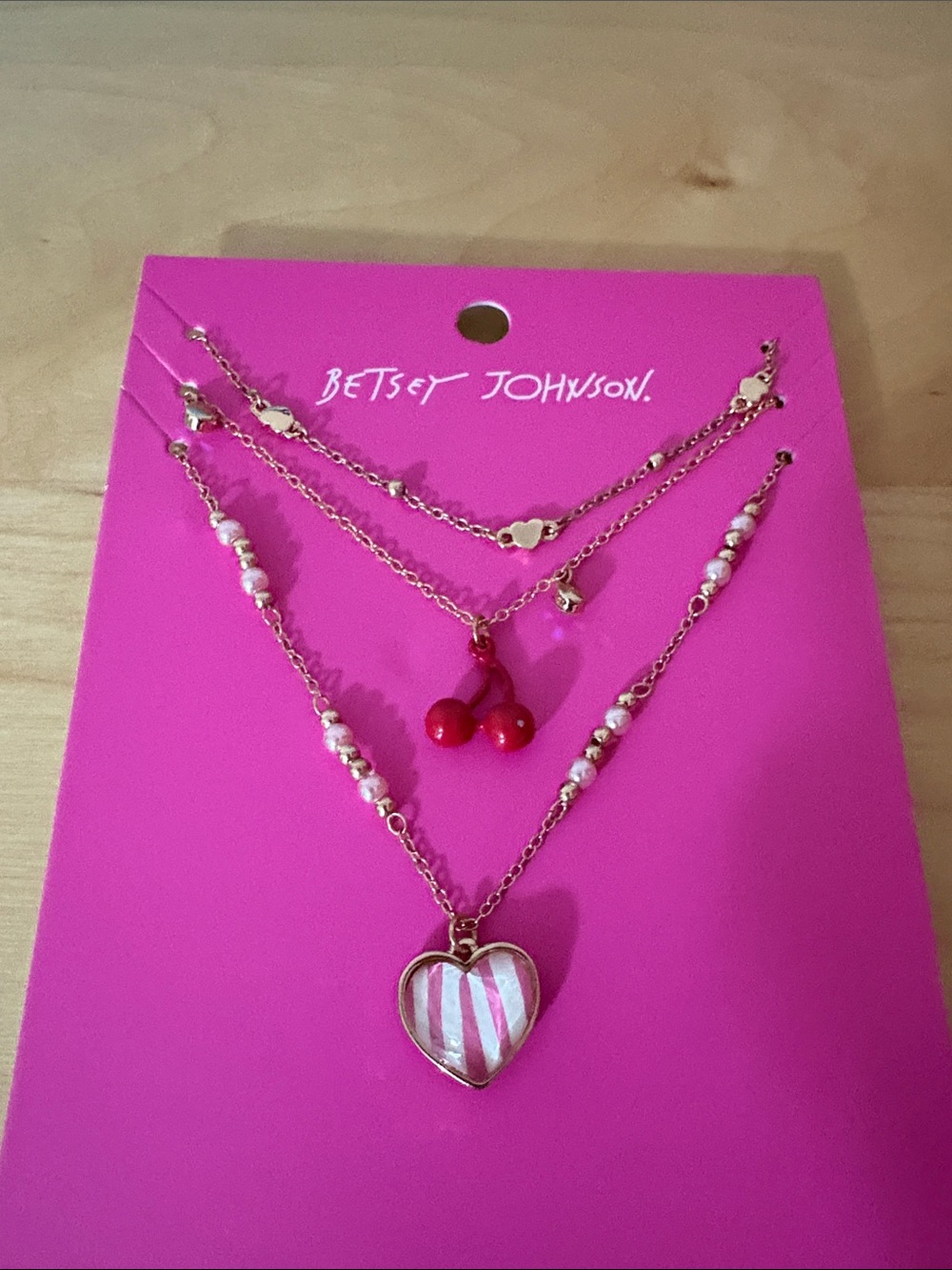 Betsey Johnson Gold-Tone Layered Necklace with Red Cherry & Pink Striped Heart
